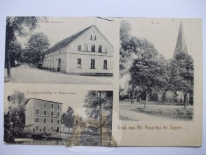 Popielów, Alt Poppelau, inn, mill, church, 1920