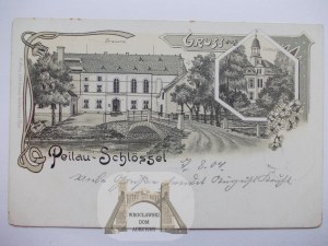 Pilawa, Peillau Schlossel, pivovar, palác, litografie, ca. 1900