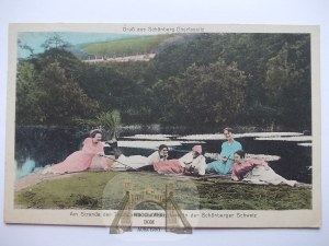 Sulików, Schonberg, rybník, odpočívající dámy, 1928