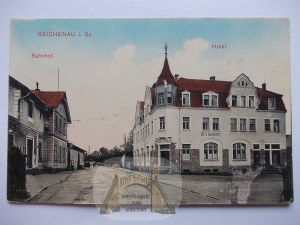 Bogatynia, Reichenau, hotel, nádraží, 1912