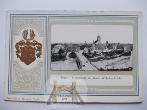Żagań, Sagan, panorama, reliéfní, zlacený erb, asi 1910