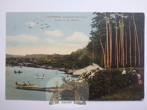 Puszczykowo, Unterberg, břeh řeky, lodě, turisté, asi 1910