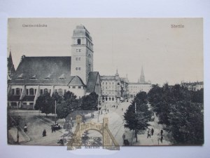 Szczecin, Stettin, street, garrison church, ca. 1920