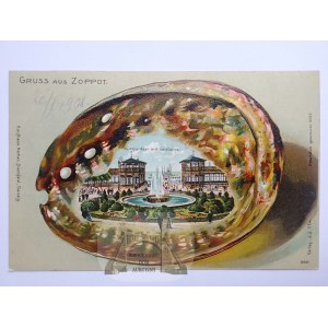 Sopot, Zoppot, litografia, tłoczona, kolaż, widok w muszli, 1908