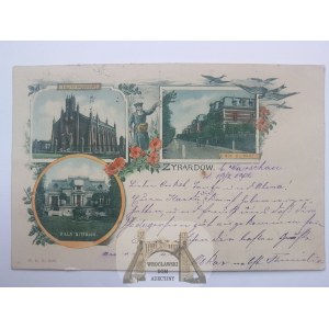 Żyrardów, 3 widoki, listonosz, ozdobna winieta, 1901