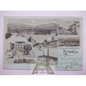 Żywiec, księżycowa litografia, zamek, dworzec, papiernia, browar, 1901