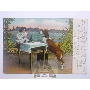 Pes, psy, dieťa za stolom, 1905