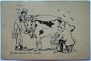[POSTCARD]. POŠTOVNÉ. Dojná krava ministerstva financií. W-wa [1923?]. Tlač a nápis R. Kucharski. Satirická pohľadnica...