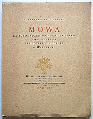 KRZEMIŃSKI STANISŁAW, Discours à l'Assemblée d'organisation de l'Association des bibliothèques publiques à Varsovie...