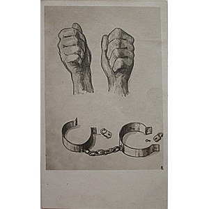 [POCKET]. Patriotic. Two hands clenched in fists. Under them torn shackles. Unsigned. Ch.-b...