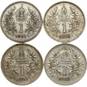 Austria 1 Corona 1901 & 1915 Lot of 4 Coins