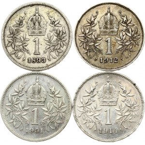 Austria 1 Corona 1893-1914 Lot of 4 Coins