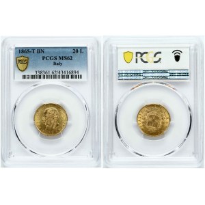 Italy 20 Lire 1865 T BN PCGS MS 62