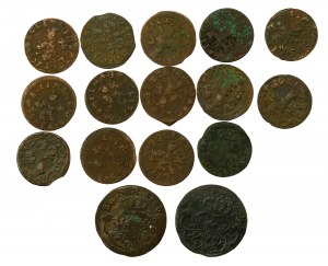 Ensemble de tessons et de pièces de monnaie en cuivre du 17e au 18e siècle. Total de 16 pièces. (775)
