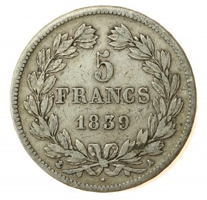 Francja, Ludwik Filip I, 5 franków 1839 A, Paryż (837)