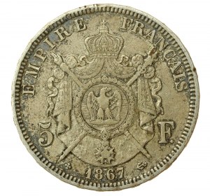 Frankreich, Napoleon III, 5 Francs 1867 BB, Straßburg (846)