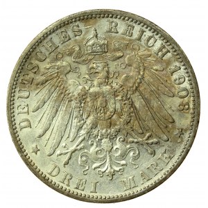 Niemcy, Badenia, Fryderyk II, 3 marki 1908 G, Karlsruhe (859)
