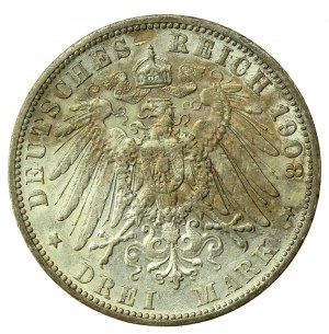 Niemcy, Badenia, Fryderyk II, 3 marki 1908 G, Karlsruhe (859)