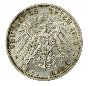 Nemecko, Prusko, Wilhelm II v uniforme, 3 marky 1913 A, Berlín (860)