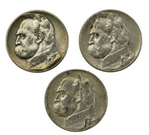 Druhá republika, sada 5 zlatých 1934-1936 Piłsudski. Spolu 3 ks. (869)