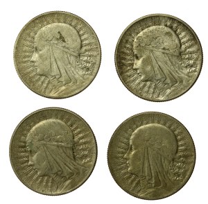 II RP, zestaw 5 złotych 1932 -1934 Głowa kobiety. Razem 4 szt. (870)