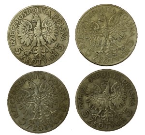 II RP, zestaw 5 złotych 1932 -1934 Głowa kobiety. Razem 4 szt. (870)