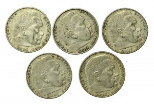 Germany, set of 2 marks 1937-1939, Hindenburg. Total of 5 pieces (871)