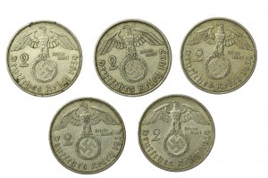 Germany, set of 2 marks 1937-1939, Hindenburg. Total of 5 pieces (871)