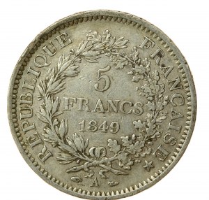 France, Second Republic, 5 francs 1849 A, Paris (875)