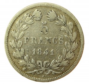 Francja, Ludwik Filip I, 5 franków 1841 W, Lille (885)