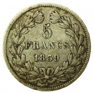 Francja, Ludwik Filip I, 5 franków 1839 B, Rouen (887)