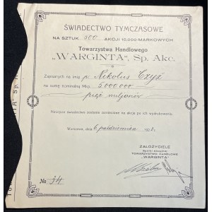 [1923] WARSZAWA. T.H. Warginta Sp. Akc. Świadectwo tymczasowe. 500 Akcji [5 milionów marek polskich].