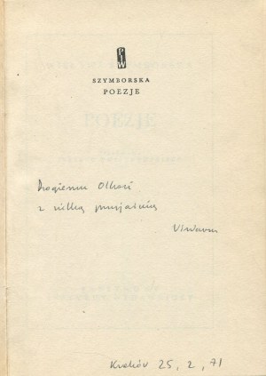 SZYMBORSKA Wisława - Poezje [first edition 1970] [AUTOGRAPH AND DEDICATION].