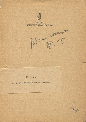 WA¯YK Adam - Słowacki's Transformations [first edition 1955] [AUTOGRAPH].