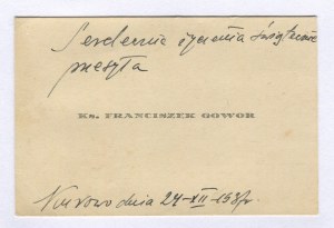 [Vizitka] Páter Franciszek Gowor, farár z Kurowa [s ručne písanou poznámkou z roku 1937].
