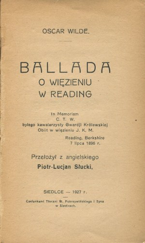 WILDE Oscar - Ballad of Reading Prison [first edition Siedlce 1927].