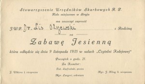 Invitation à Witold Lis-Olszewski (1905-1986) à la fête d'automne de l'Association des commis aux recettes de la R.P. à Stryj [1935].
