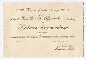 Invitation de Witold Lis-Olszewski (1905-1986) à la fête de carnaval du corps des officiers du 53 p.p. (53e régiment d'infanterie frontalière) à Stryj [1935].