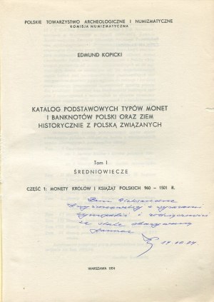 KOPICKI Edmund - Catalogue of basic types of coins and banknotes of Poland and lands historically connected with Poland. Volumes I, V, VI and VIII [1974-1983].
