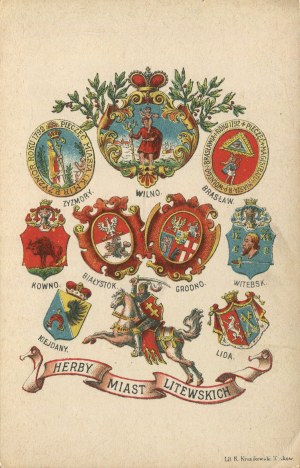 [postcard] Coats of arms of Lithuanian cities: Żyżmory, Vilnius, Brasław, Kaunas, Białystok, Grodno, Vitebsk, Kiejdany, Lida
