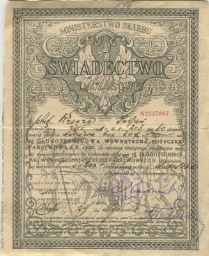 Temporary certificate for 5% long-term internal state loan, issued in the name of Julian Krauze [Chelm 1920].