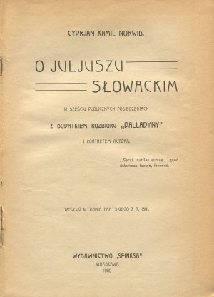 NORWID Kamil Cyprian - On Juliusz Słowacki / MATUSZEWSKI Ignacy - 