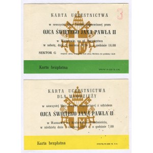 Dwie karty uczestnictwa w uroczystych Mszach Świętych odprawianych przez Ojca Świętego Jana Pawła II w Warszawie w dn. 2-3 czerwca 1979 r.