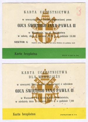 Two cards for participation in the solemn Masses celebrated by Holy Father John Paul II in Warsaw on June 2-3, 1979.