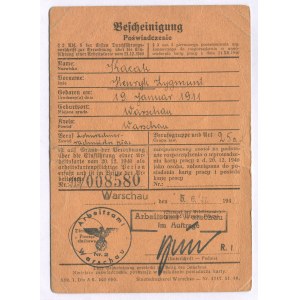 Bescheinigung über die Beschäftigung von Henryk Kacak in der Wedel-Fabrik in Warschau, ausgestellt vom Arbeitsamt [Warschau 1941].