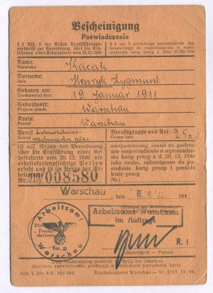 Certificate of employment of Henryk Kacak at the Wedel factory in Warsaw, issued by Arbeitsamt [Warsaw 1941].