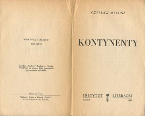 MIŁOSZ Czesław - Kontynenty [prvé vydanie Paríž 1958].