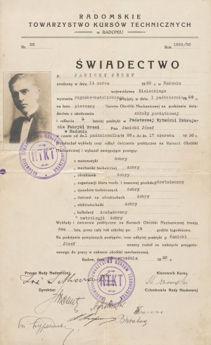 Radom Society of Technical Courses in Radom. Certificate of Jozef Janicki [1930].