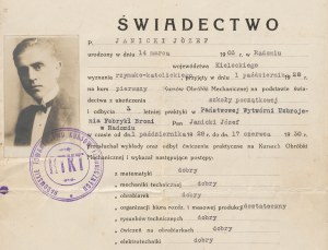 Radom Society of Technical Courses in Radom. Certificate of Jozef Janicki [1930].