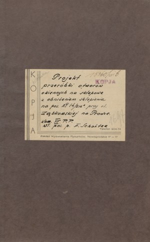 Project for alteration of window openings to storefront with lowering of the vault on property No. 14/216A on Ząbkowska Street in Praga, owned by Florentyna Scholtze. Attached is a permit from the Inspection and Construction Office [1935].